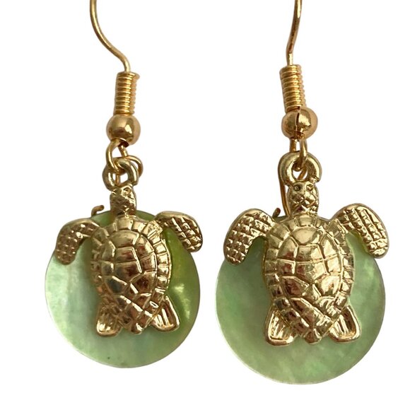 Gold Sea Turtle Shell Charm Earrings Plated Dangle Island Nautical Green Shells - Picture 8 of 8